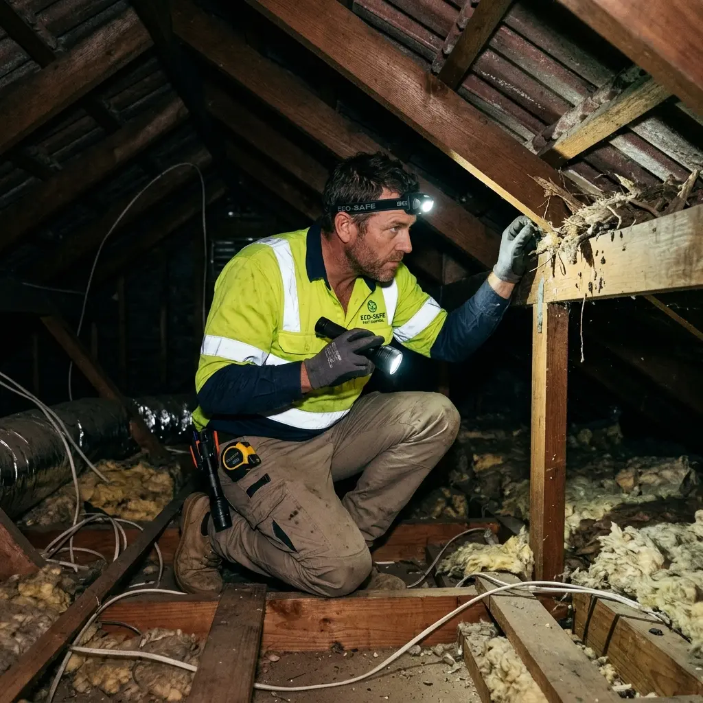 Technician inspecting a roof cavity for a dead animal in Bungaree
